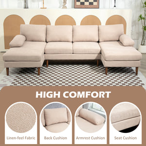 U-shaped sofa with double chaise longue, modern 4-seater sofa with wooden legs, beige