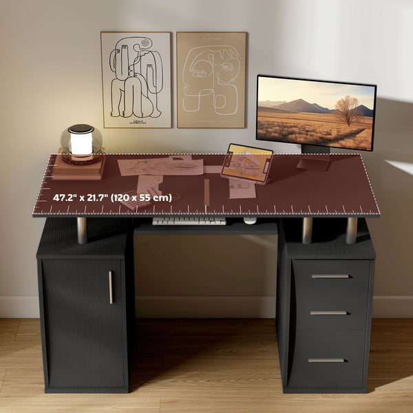 Computer desk with keyboard tray, drawers and storage shelves, black