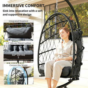Fauteuil suspendu avec support, en rotin tressé avec coussin épais et corde de sécurité, noir