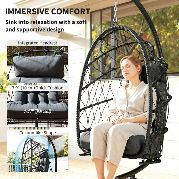 Fauteuil suspendu avec support, en rotin tressé avec coussin épais et corde de sécurité, noir