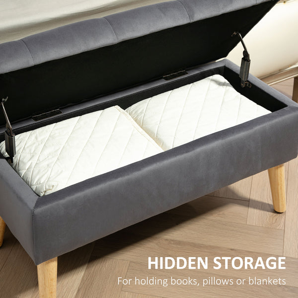 Pouf de rangement avec couvercle rembourré en velours et pieds en bois, gris anthracite