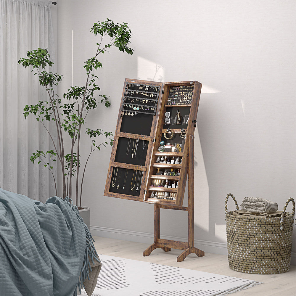 Armoire à bijoux verrouillable avec éclairage LED et rangement, marron rustique