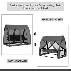 3-Seater Outdoor Swing Chair Chaise Lounger Bed Garden Hammock with Steel Stand, Canopy Netting Walls, Dark Grey