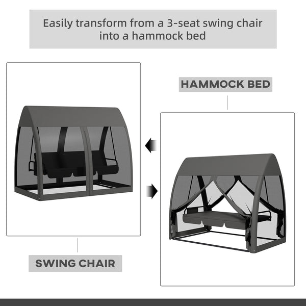 3-Seater Outdoor Swing Chair Chaise Lounger Bed Garden Hammock with Steel Stand, Canopy Netting Walls, Dark Grey