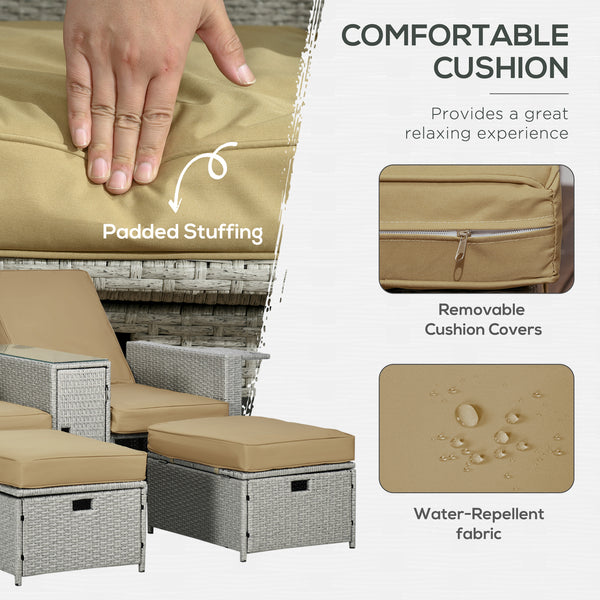 5PC Wicker Patio Lounger, Outdoor PE Rattan 5-level Adjustable Recliner Sofa Bed with Storage Side Table and Footstools, for Patio, Garden, Poolside, Khaki