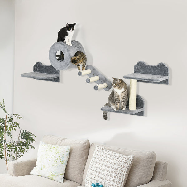 Étagères murales pour chat avec niche, coussin, griffoir et plateforme de saut, gris