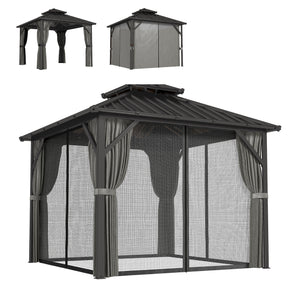 Gazebo toit rigide 10' x 10' avec double toit en acier galvanisé, structure en aluminium, gris foncé