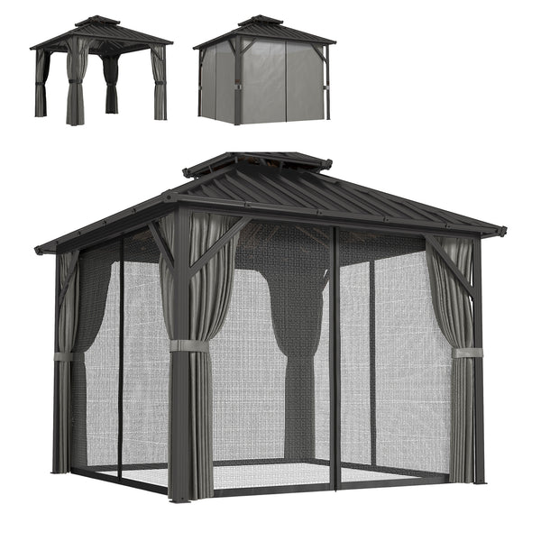 Gazebo toit rigide 10' x 10' avec double toit en acier galvanisé, structure en aluminium, gris foncé