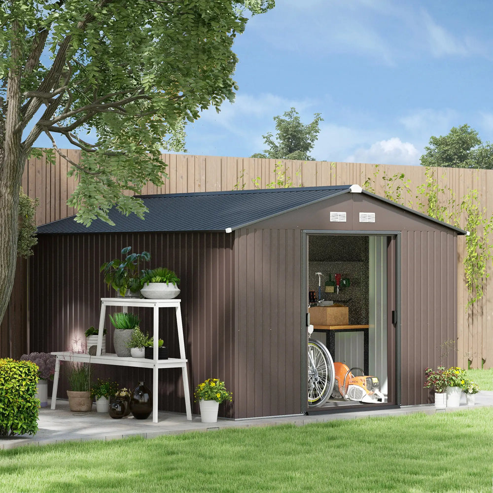 Abri de jardin 9' x 10,6' avec ensemble de fondation, en métal avec portes doubles, marron