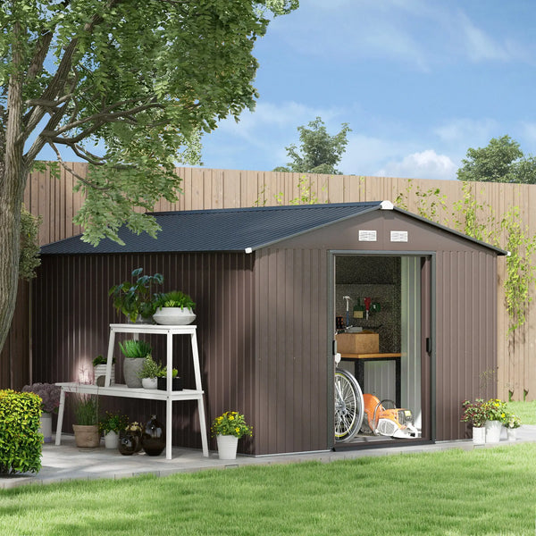 Abri de jardin 9' x 10,6' avec ensemble de fondation, en métal avec portes doubles, marron