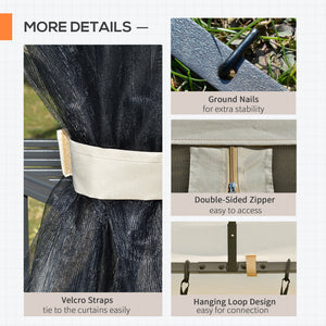 Gazebo 10 x 12 avec toit à double pente, parois latérales amovibles en filet et étagères triangulaires, beige