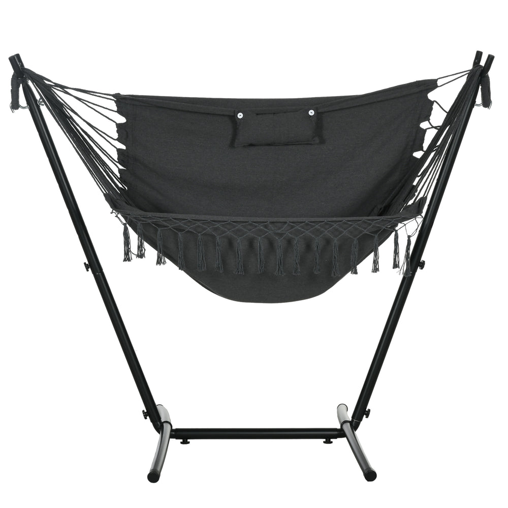 Patio Hammock Chair with Stand, Outdoor Hammock Swing Hanging Lounge Chair with Side Pocket and Headrest, Dark Grey