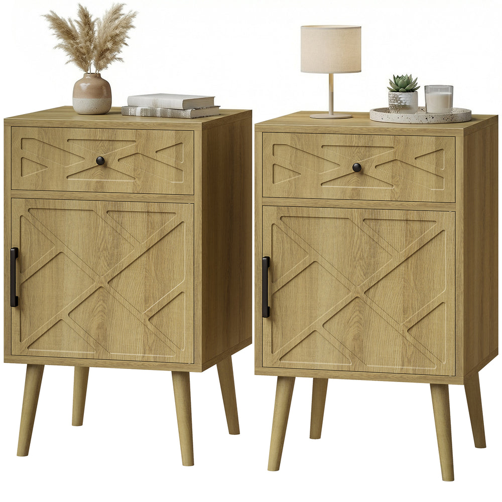 Set of 2 bedside tables with a drawer and a cupboard, oak finish