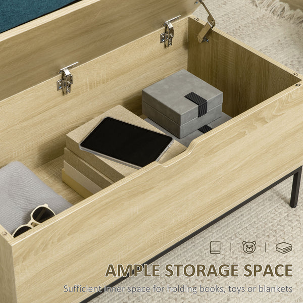 Banc de rangement relevable avec charnières de sécurité et pieds en acier, naturel