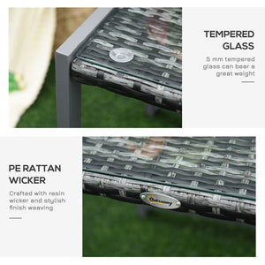 Table basse en rotin avec plateau en verre trempé et structure en aluminium, grise