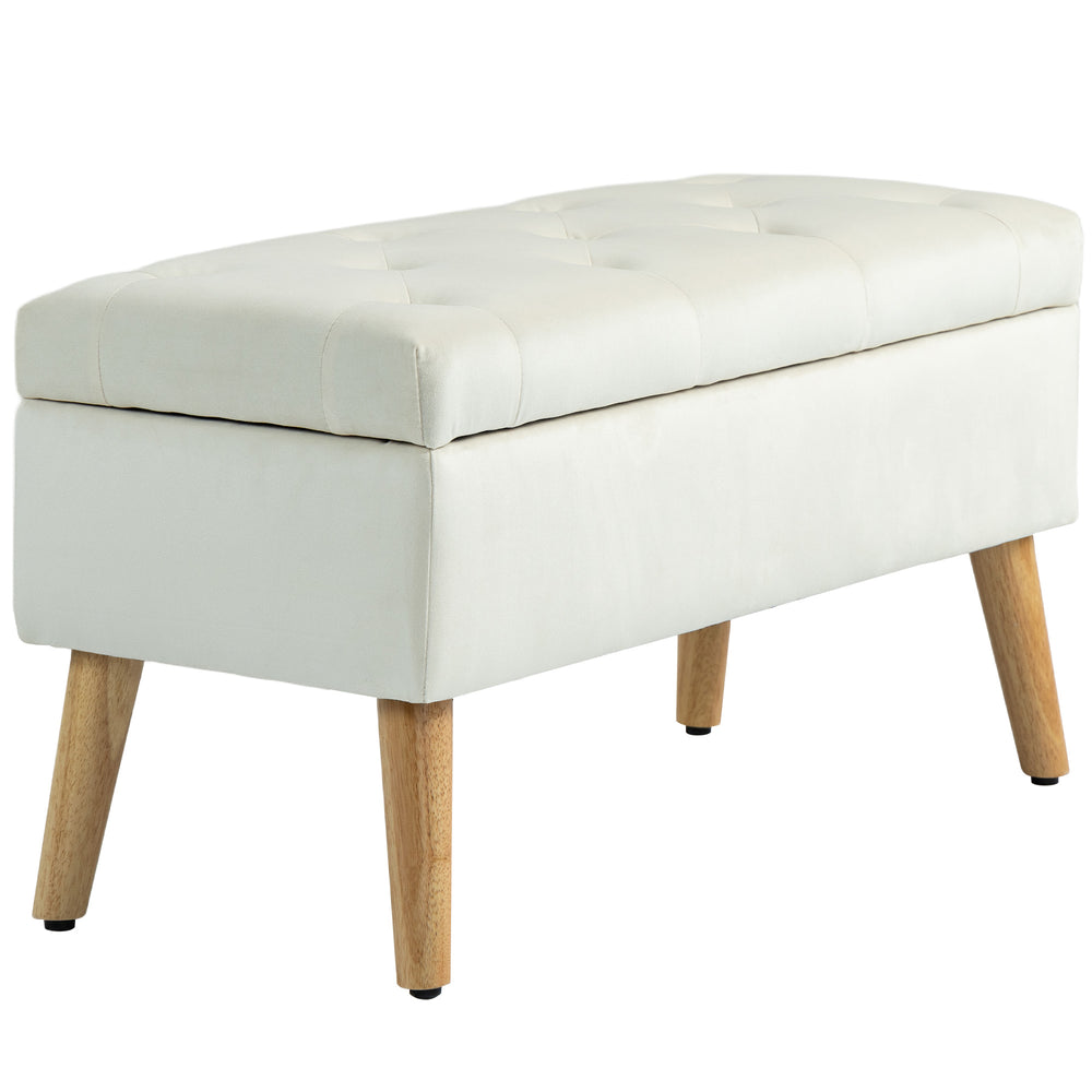Pouf de rangement avec couvercle rembourré en velours et pieds en bois, blanc crème