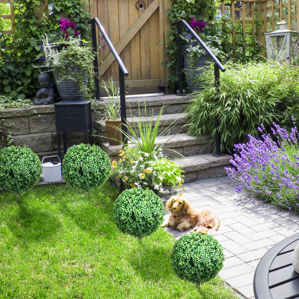 Set of 2 artificial ball-shaped bushes with stakes, UV resistant