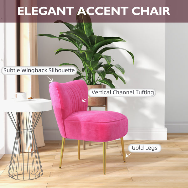 Fauteuil de salon en velours avec pieds en acier doré et dossier capitonné, rose