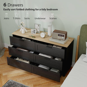 47" Wide Chest of Drawers, Modern Dresser with 6 Drawers and Wood Legs for Bedroom, Living Room, Entryway, Black