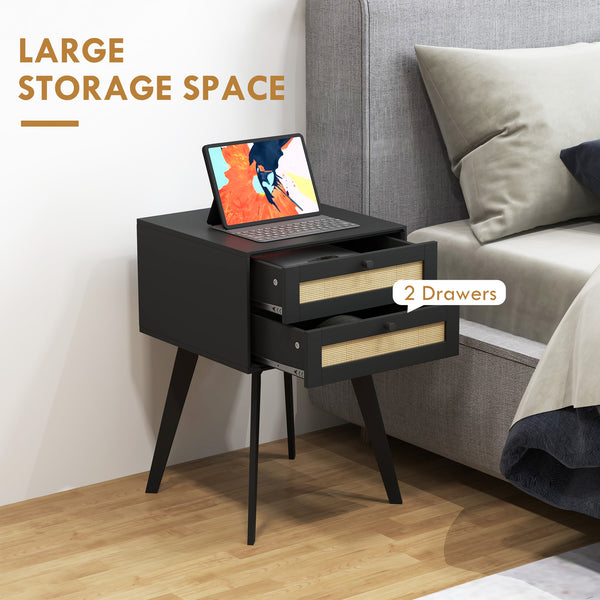 Lot de 2 tables de chevet bohèmes avec 2 tiroirs en rotin, noir