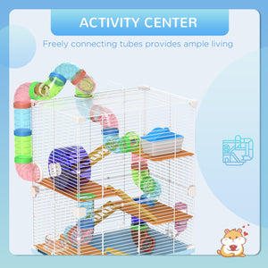 Cage pour hamster portable 5 niveaux avec roues d'exercice, tube de jeu, bouteille d'eau, gamelle, échelle pour gerbilles, bleu clair