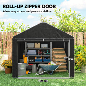 Waterproof portable garden shed with roll-up zippered door, black