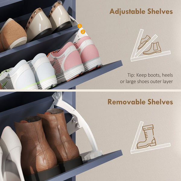 Shoe cabinet with 2 tilt-out drawers, country style, narrow, holds up to 16 pairs, blue