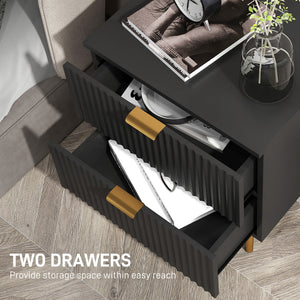 Table de chevet moderne avec 2 tiroirs cannelés et poignées dorées – Noir