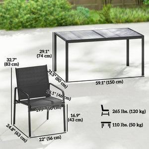Ensemble repas d'extérieur pour 6 personnes, table et chaises de patio en faux bois avec assise en maille respirante, structure en acier galvanisé, noir