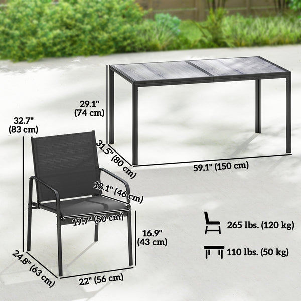 Ensemble repas d'extérieur pour 6 personnes, table et chaises de patio en faux bois avec assise en maille respirante, structure en acier galvanisé, noir