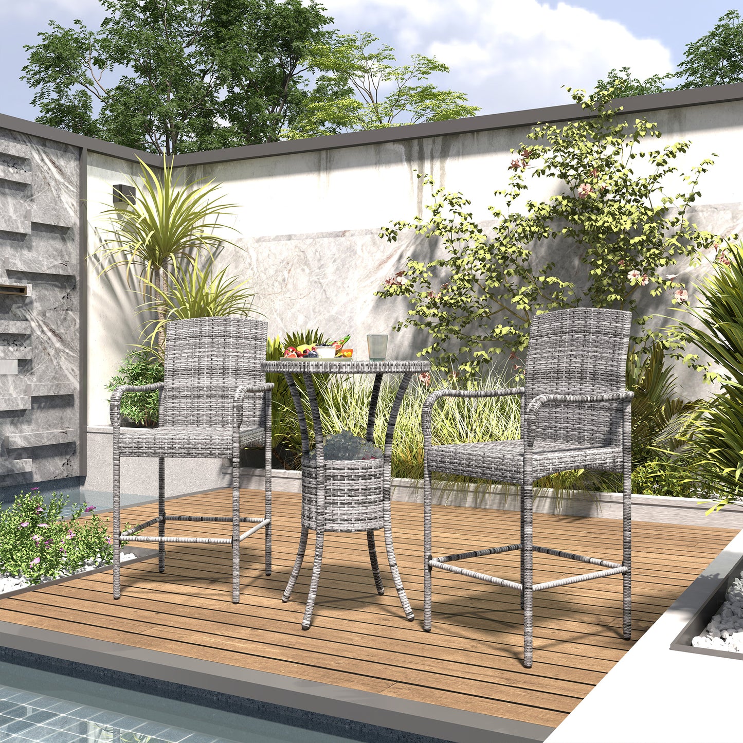 Outsunny 3 Piece Patio Bar Set, Rattan Bistro Table and Chairs, Garden Furniture with Ice Bucket, Grey Mix