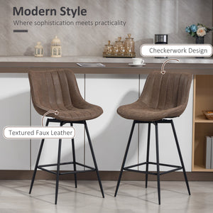 Set of 2 counter-height bar stools, upholstered in PU leather, with backrest, footrest and steel legs, brown