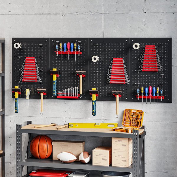 Organisateur mural d’outils en acier avec 4 panneaux, 12 supports et 22 crochets – Noir et rouge