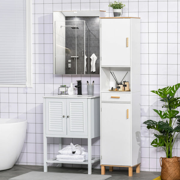 White bathroom storage cabinet with cupboards and drawer