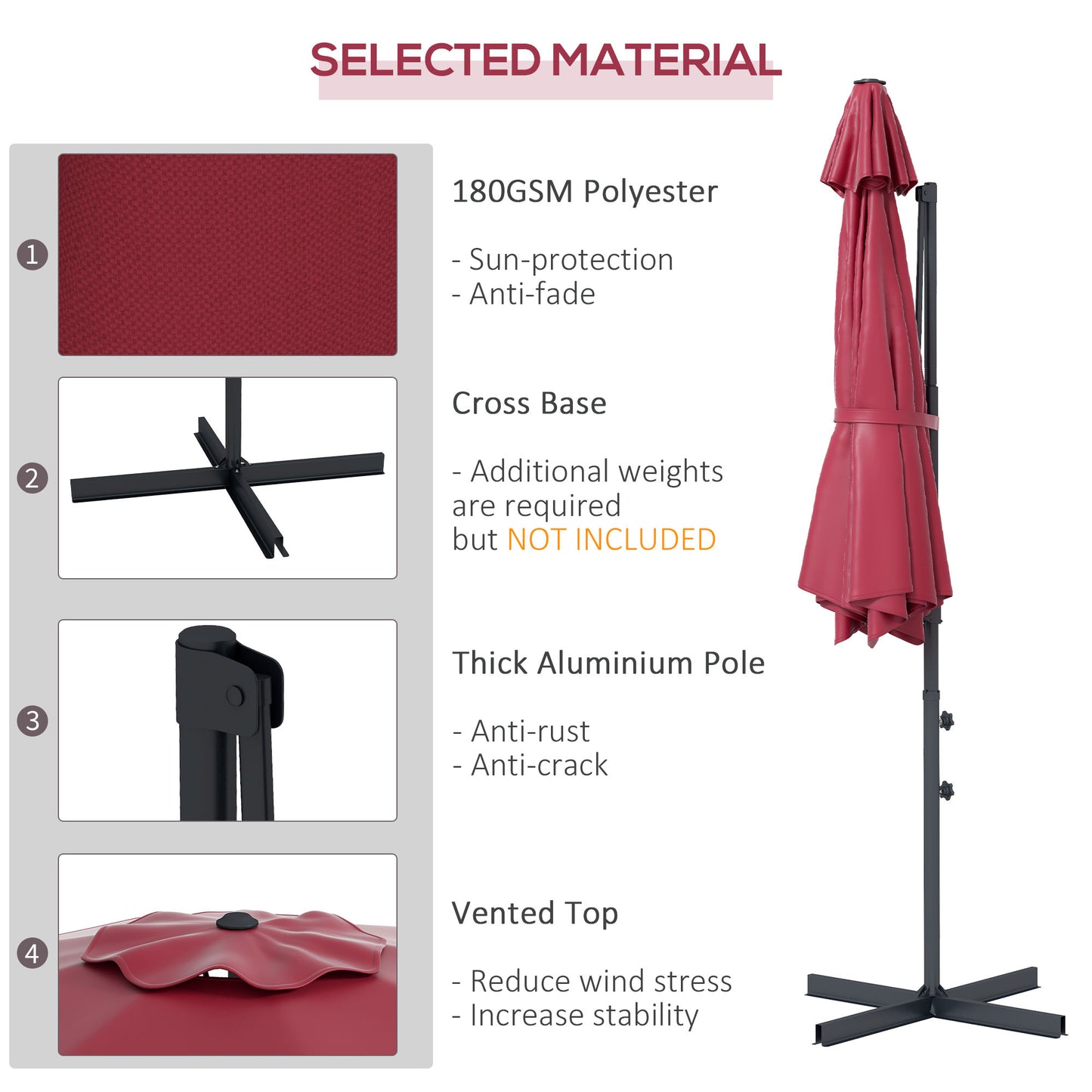 Parasol déporté 3m suspendu en aluminium avec rotation à 360°, manivelle, inclinaison, base croisée, rouge