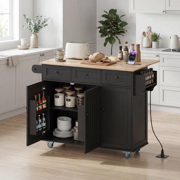 Îlot de cuisine mobile avec abattant, rangement et station de recharge – Noir et chêne