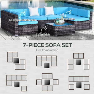7-piece rattan furniture set with cushions and coffee table, blue