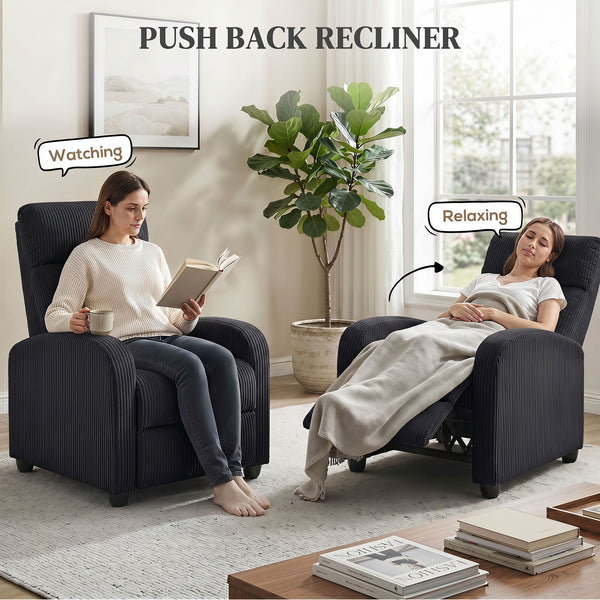 Corduroy Home Theater Seating, Push Back Recliner Chair with Padded Seat for Living Room, Black