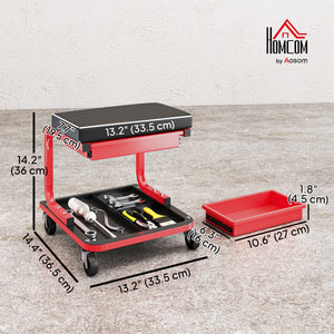 Rolling workshop stool with tool storage and drawer, black.