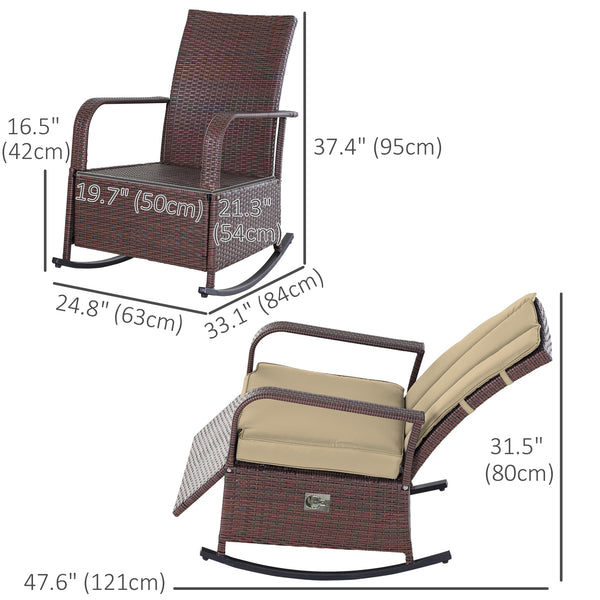 Fauteuil à bascule d'extérieur en rotin PE avec coussin et repose-pieds
