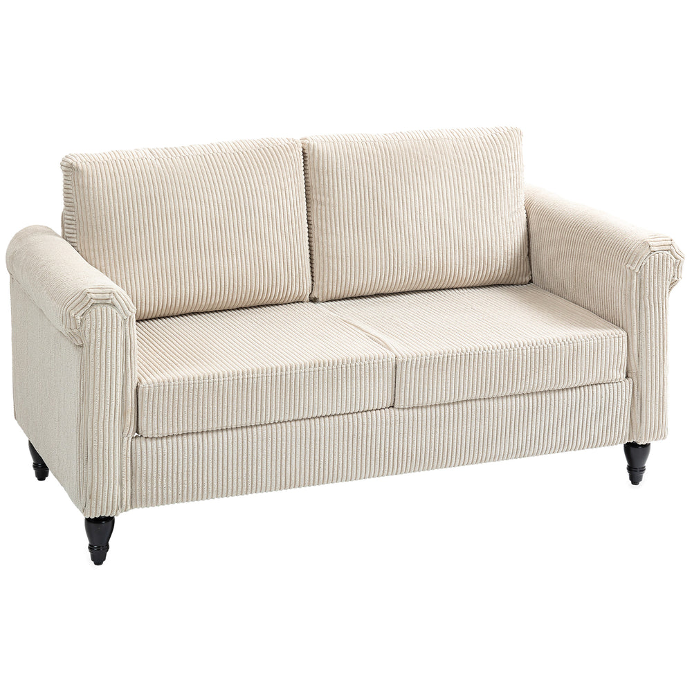Canapé 2 places vintage beige avec accoudoirs roulés et pieds en bois d’hévéa – style classique pour salon ou bureau

