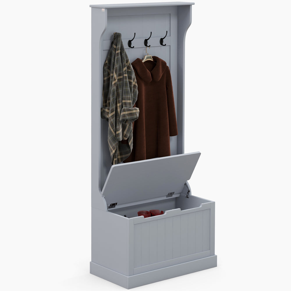 Meuble d'entrée 3 en 1 avec porte-manteaux, rangement à chaussures et banquette, crochets pour couloir, salon, gris