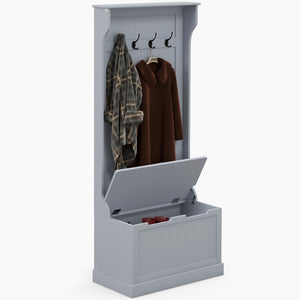 Meuble d'entrée 3 en 1 avec porte-manteaux, rangement à chaussures et banquette, crochets pour couloir, salon, gris