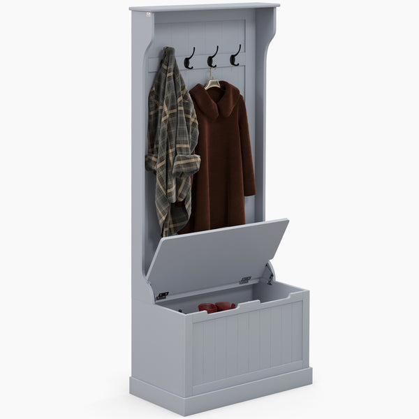 Meuble d'entrée 3 en 1 avec porte-manteaux, rangement à chaussures et banquette, crochets pour couloir, salon, gris
