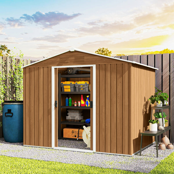 Metal garden shed with lockable sliding doors and ventilation