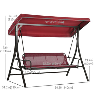 3 Person Porch Swing Bed, Outdoor Patio Swing Chair Bench Hammock with Adjustable Canopy, Cushions, Pillows for Porch and Backyard, Red