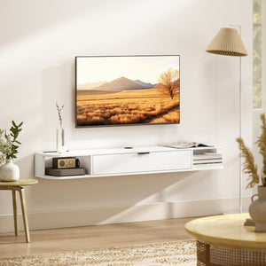 Floating wall-mounted TV unit for TVs up to 60 inches, with a drop-down drawer and 2 open shelves, white