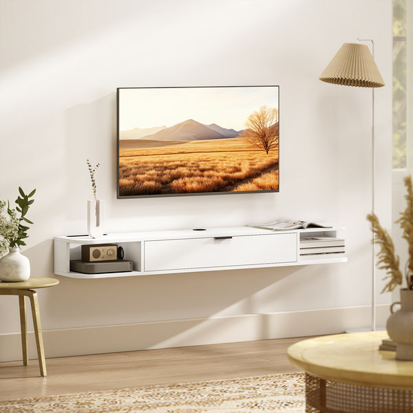 Floating wall-mounted TV unit for TVs up to 60 inches, with a drop-down drawer and 2 open shelves, white