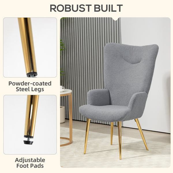 Fauteuil d'appoint en tissu Sherpa avec pieds en métal, gris