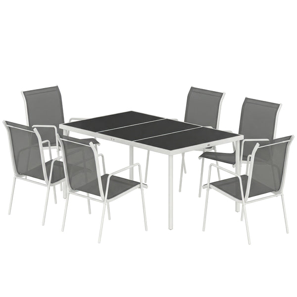 Ensemble de salle à manger de jardin 7 pièces, comprenant une table rectangulaire et 6 chaises empilables.